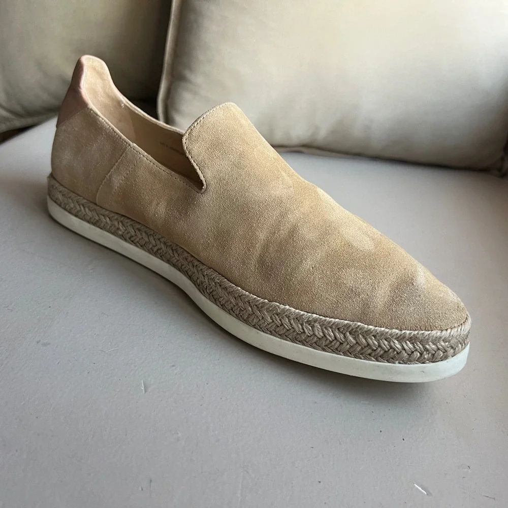 Vince Women 6.5 M‎ Tan Suede Espadrille Slip On Sneakers Braided Jute Platform